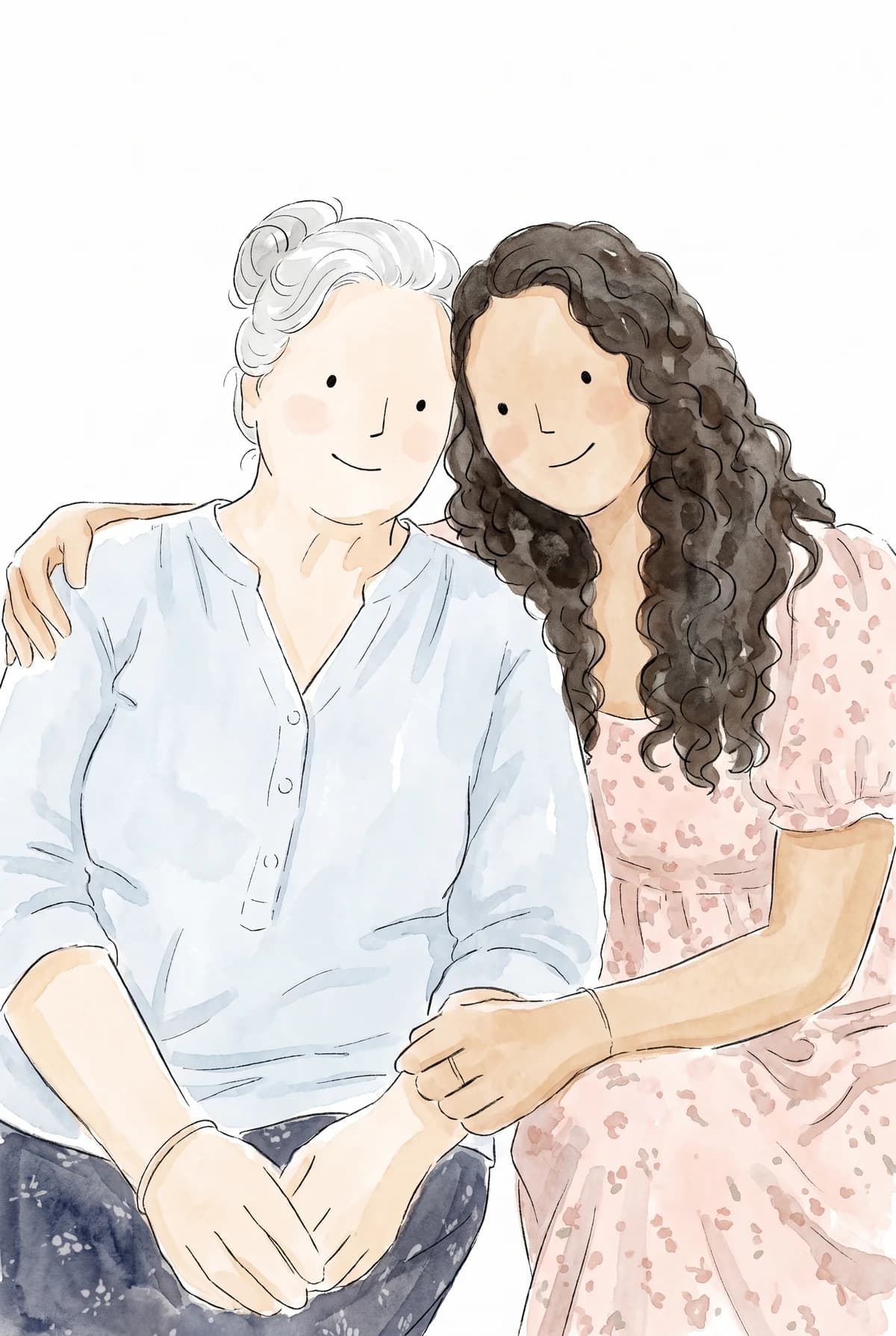 An example watercolor of a grandmother sharing a happy moment