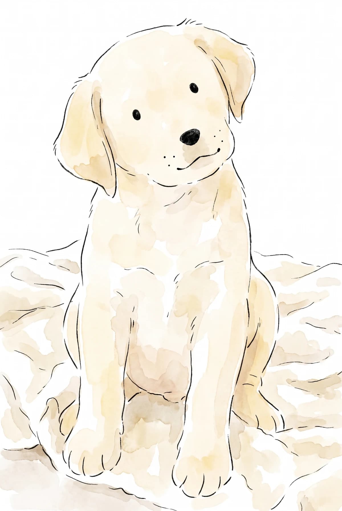 A fictional yellow Labrador puppy in gentle ink and watercolor