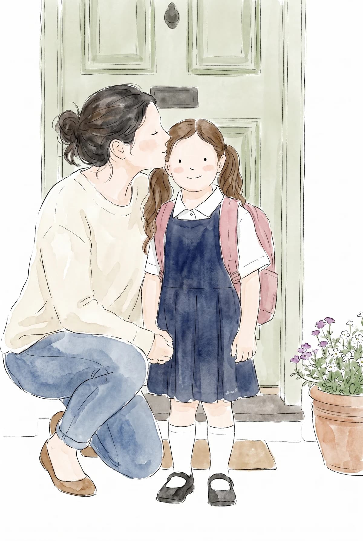 A fictional mother and daughter sharing a first-school-day moment in watercolor
