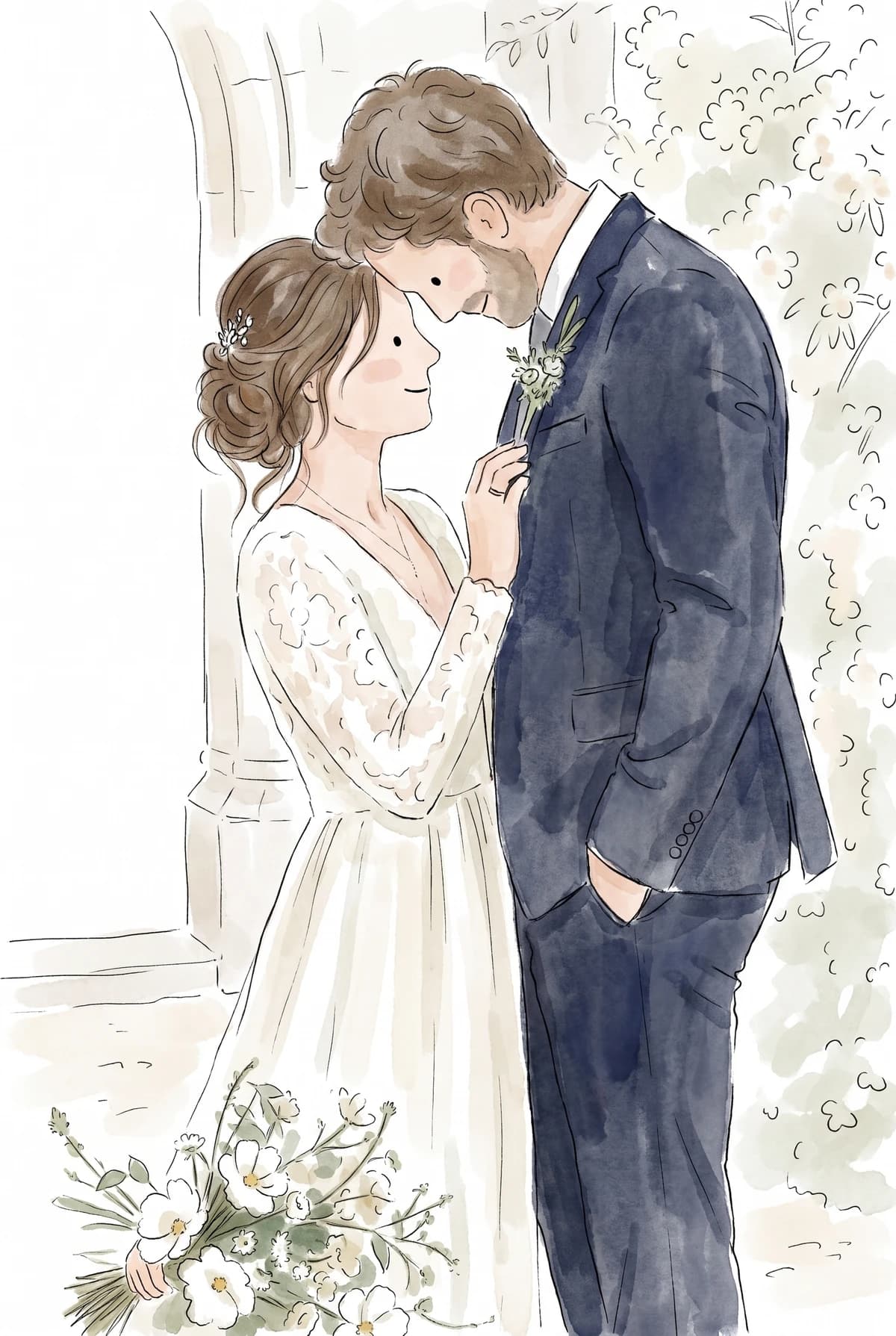 A fictional bride and groom sharing a quiet forehead touch, transformed into watercolor